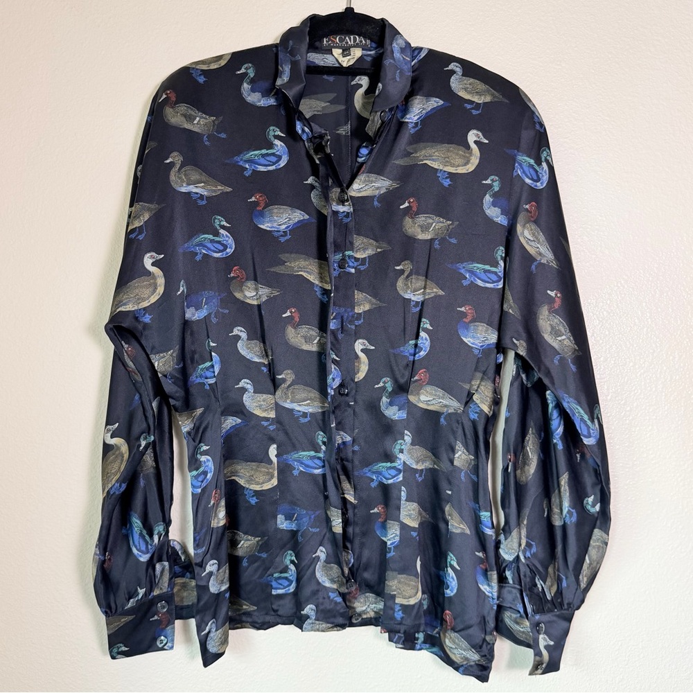 Escada Navy Silk Duck-Print Shirt, EU 34, Size Small
